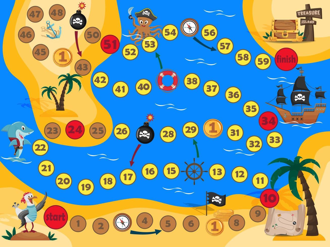 Pirate board game for kids. Vector illustration of a board game for children. Treasure Hunters. Guide the pirates along the route to the treasure island and get a chest of coins.