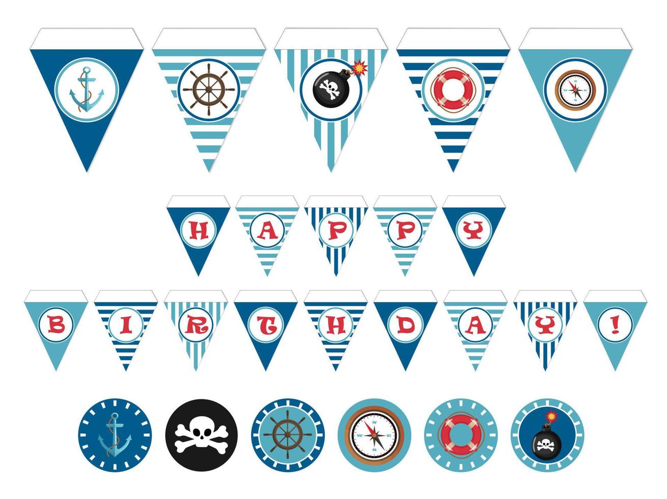 Pirate Party Kit. Pirate party elements for birthday parties. Candybar, topper, flags, straw flags, chips, lettering, decor. vector