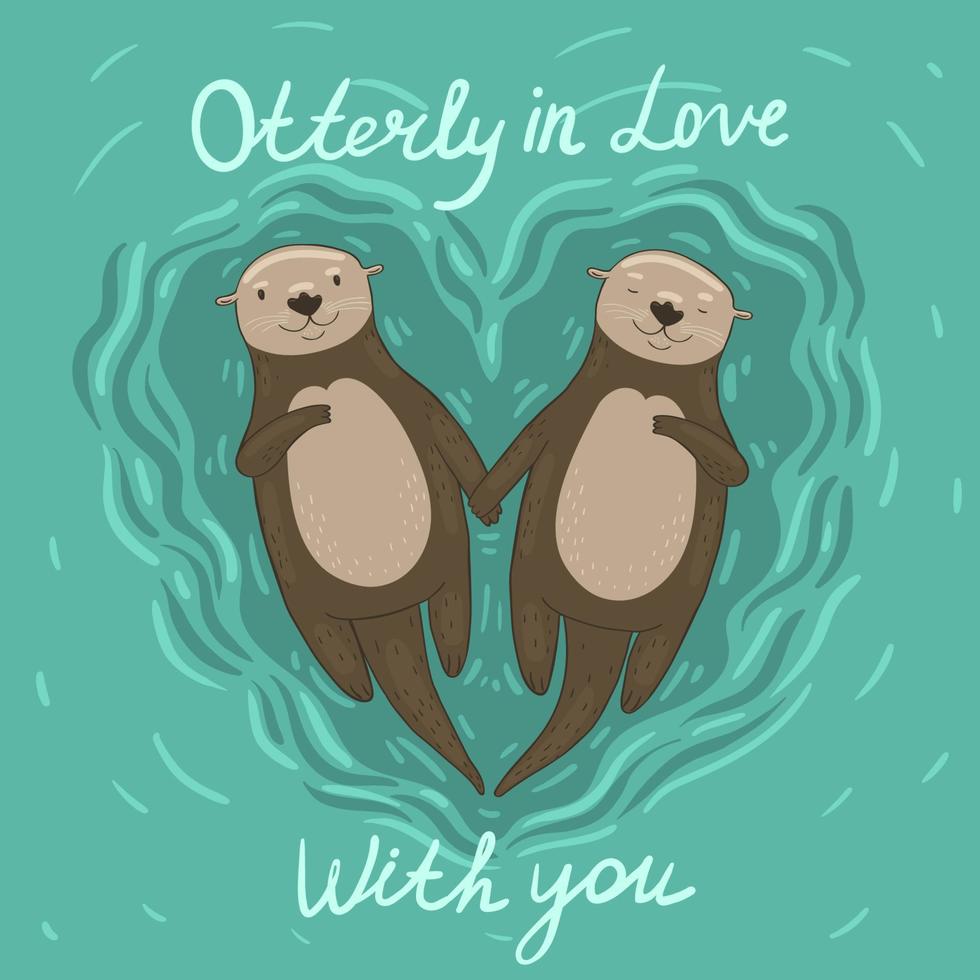 Heart shaped sea otters in love. Vector graphics