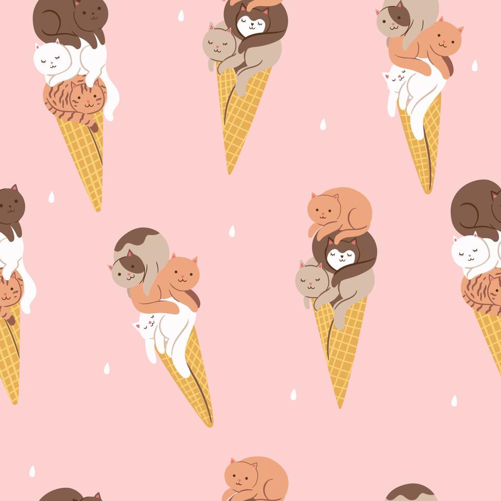 Seamless pattern with cute ice cream cats. Vector graphics