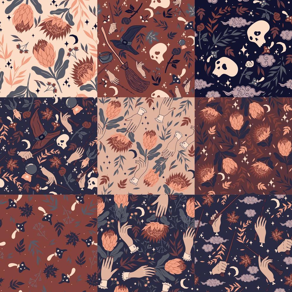 A set of seamless patterns in red and blue tones with magical items, flowers and hands. Vector graphics