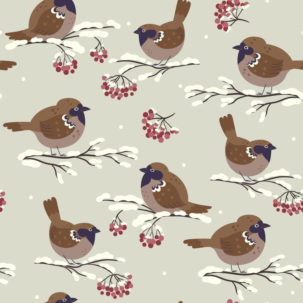 Seamless pattern of cute winter sparrows sitting on rowan branches. Vector graphics