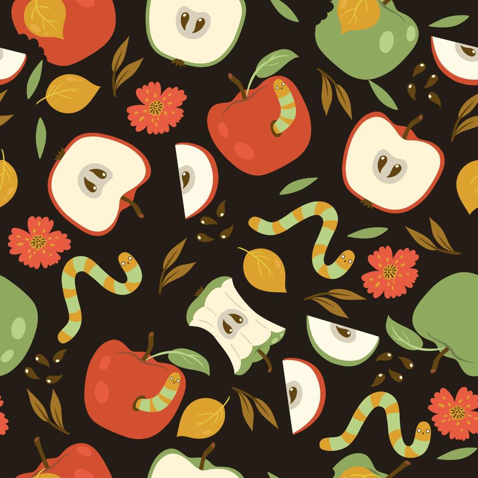 Seamless pattern with red and green apples and worms on a dark background. Vector graphics.