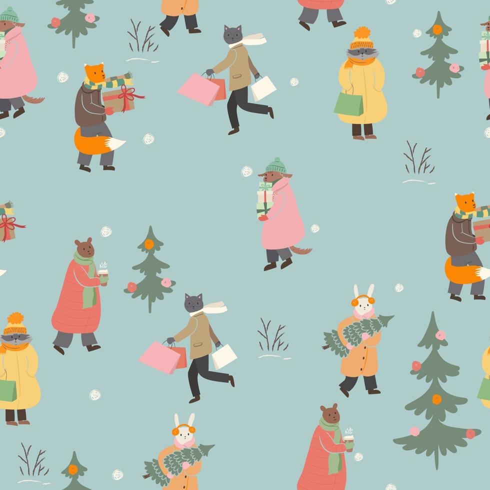 Christmas seamless pattern. The animals are preparing for the winter holidays. Vector graphics