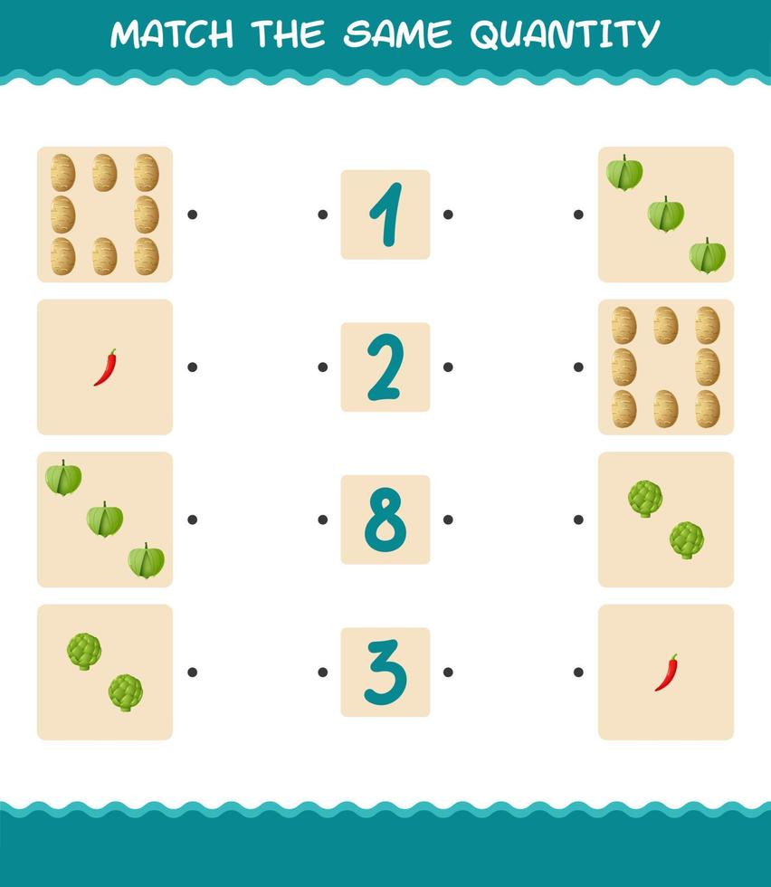 Match the same quantity of vegetables. Counting game. Educational game for pre shool years kids and toddlers vector