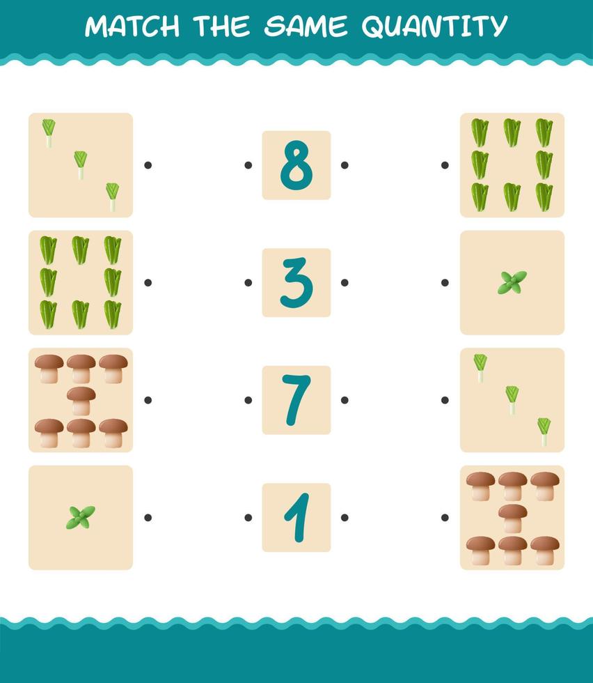 Match the same quantity of vegetables. Counting game. Educational game for pre shool years kids and toddlers vector