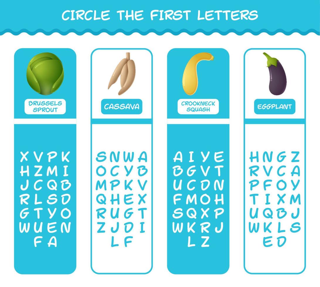 Encierra en un círculo las primeras letras de las verduras de dibujos animados. juego de correspondencias. juego educativo para niños de edad preescolar y niños pequeños vector