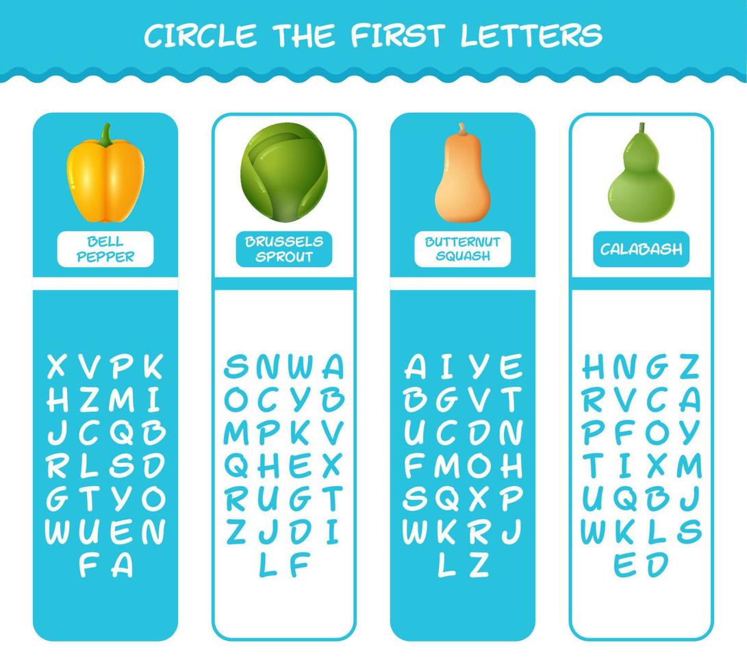 Encierra en un círculo las primeras letras de las verduras de dibujos animados. juego de correspondencias. juego educativo para niños de edad preescolar y niños pequeños vector