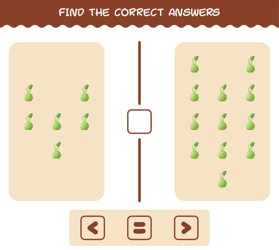 Find the correct answers of cartoon kohlrabi. Searching and Counting game. Educational game for pre shool years kids and toddlers vector