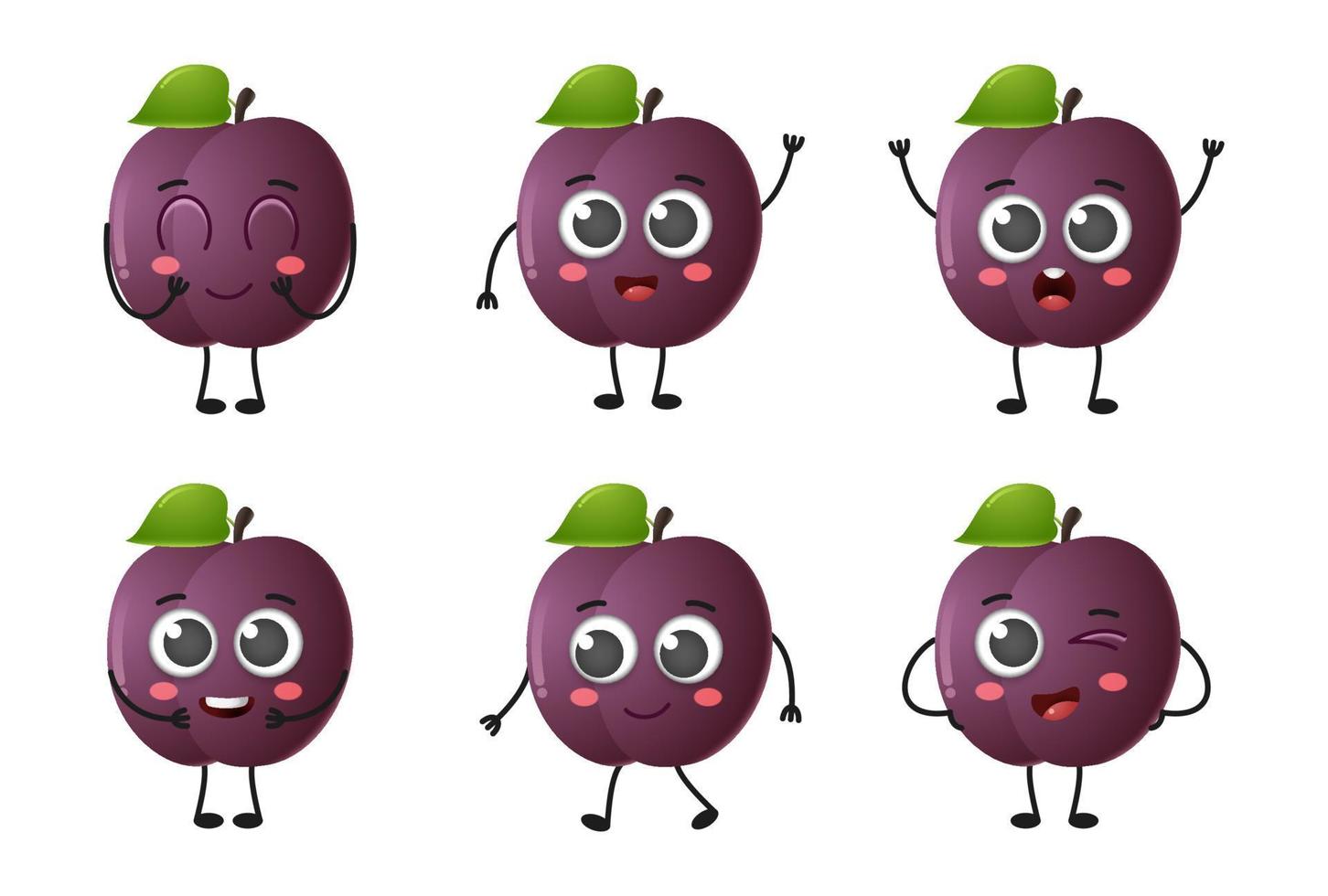 Set of cute cartoon plum fruit vector character set isolated on white background