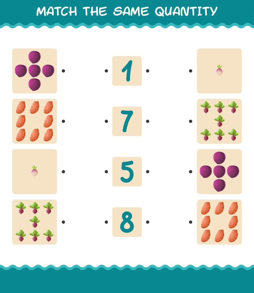 Match the same quantity of vegetables. Counting game. Educational game for pre shool years kids and toddlers vector