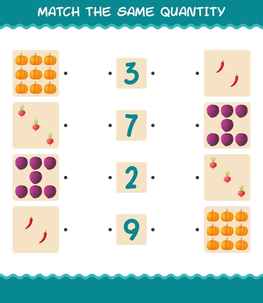 Match the same quantity of vegetables. Counting game. Educational game for pre shool years kids and toddlers vector