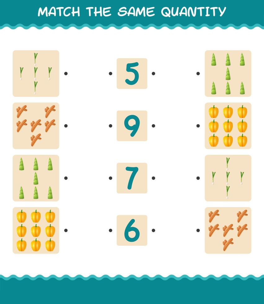 Match the same quantity of vegetables. Counting game. Educational game for pre shool years kids and toddlers vector