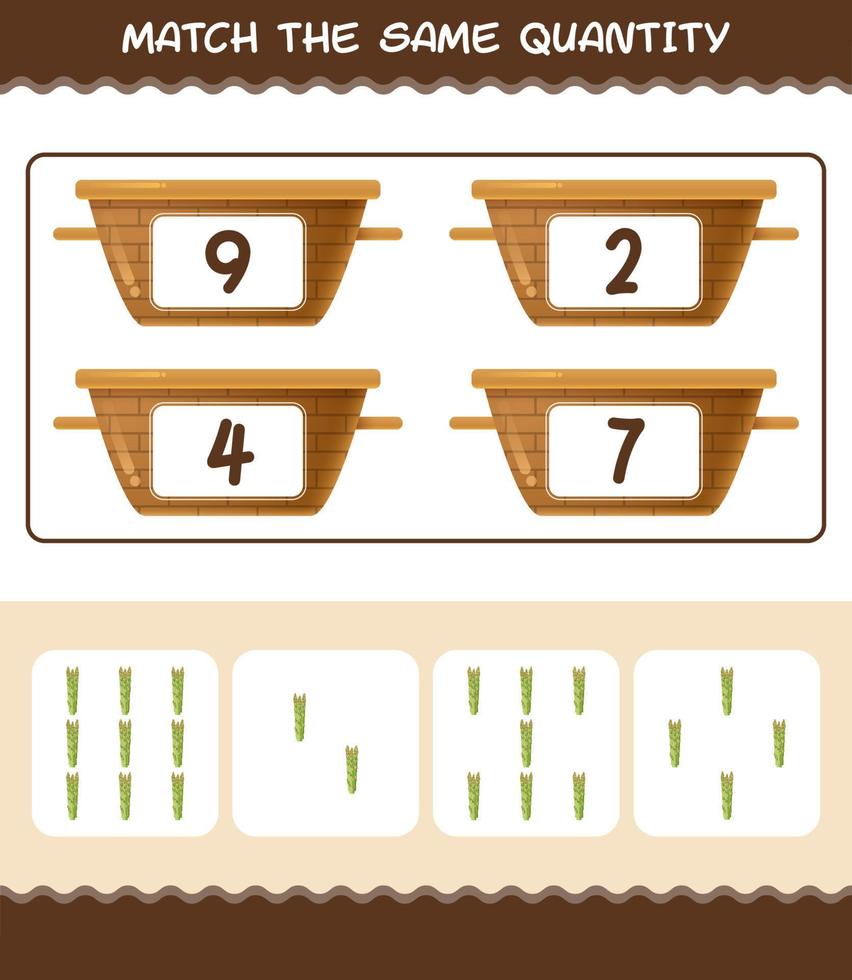 Match the same quantity of asparagus. Counting game. Educational game for pre shool years kids and toddlers vector