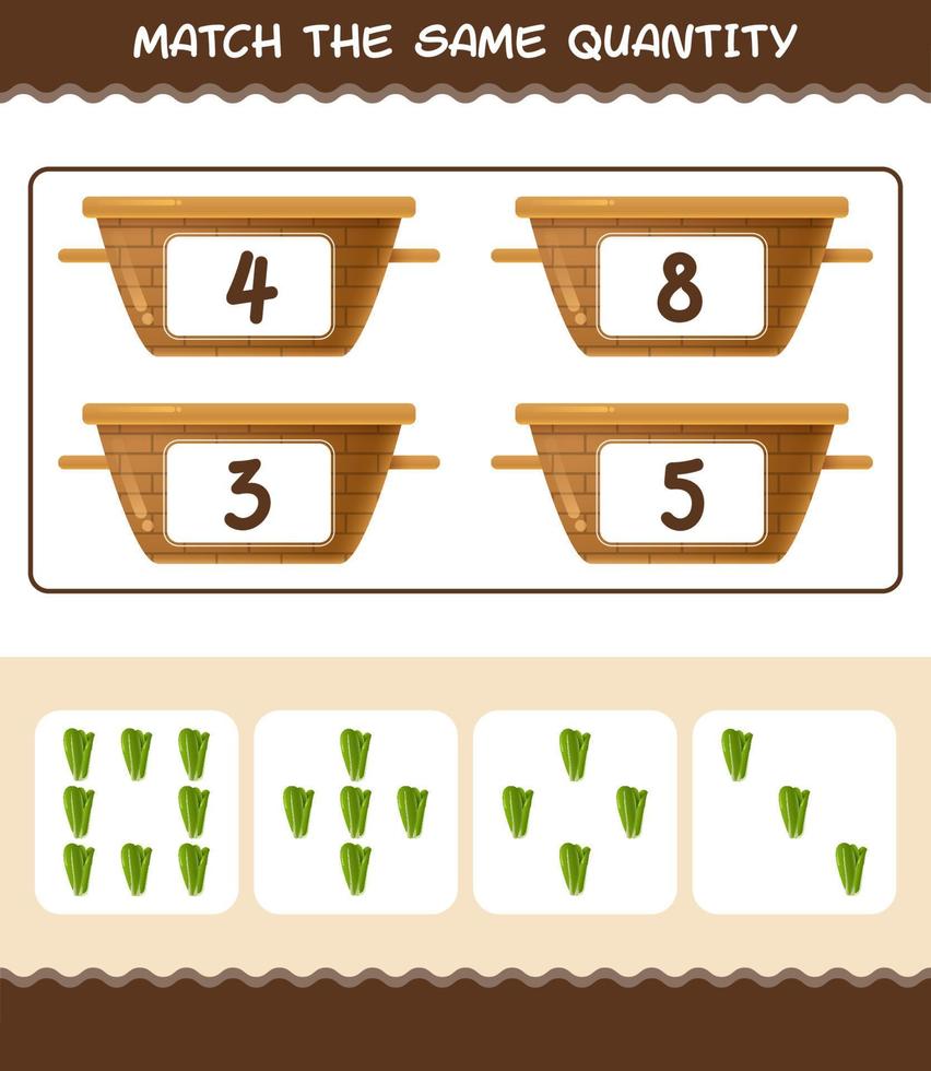 Match the same quantity of lettuce. Counting game. Educational game for pre shool years kids and toddlers vector