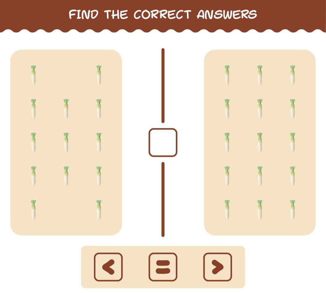 Find the correct answers of cartoon daikon. Searching and Counting game. Educational game for pre shool years kids and toddlers vector
