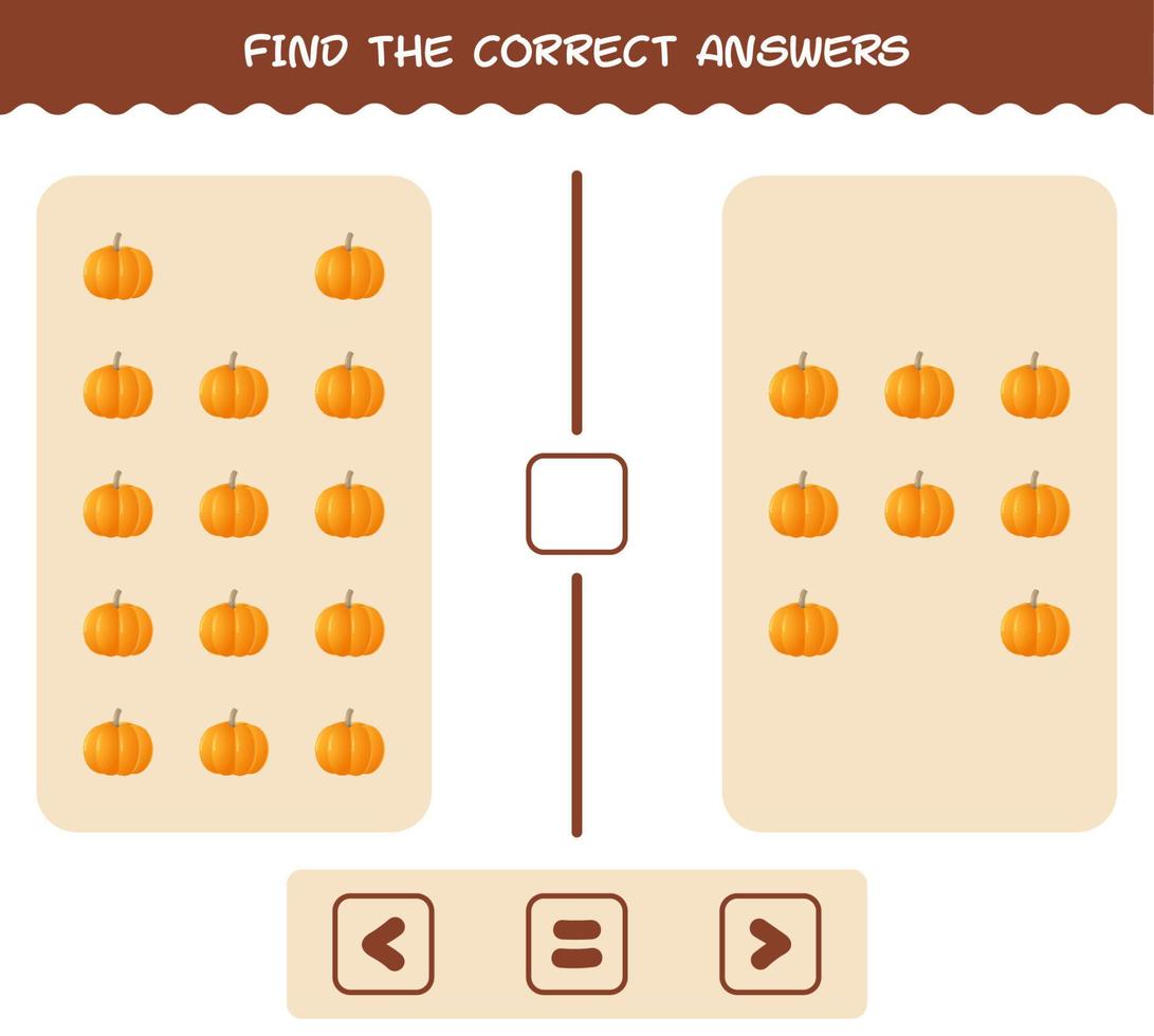 encuentra las respuestas correctas de calabaza de dibujos animados. Juego de buscar y contar. juego educativo para niños y niños pequeños en edad preescolar vector