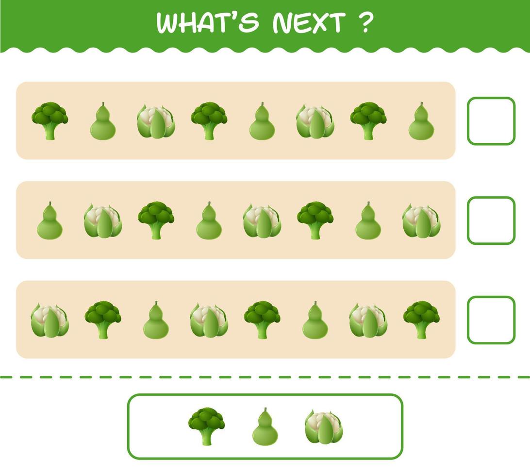 What's comes next educational game of cartoon vegetables. Find the regularity and continue the row task. Educational game for pre shool years kids and toddlers vector