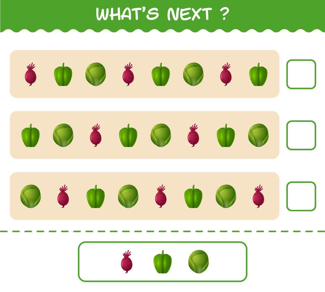 ¿Qué sigue? Juego educativo de verduras de dibujos animados. encuentre la regularidad y continúe la tarea de la fila. juego educativo para niños y niños pequeños en edad preescolar vector