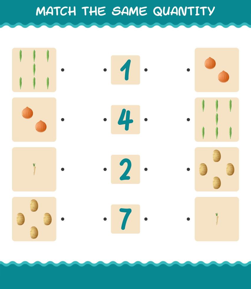 Match the same quantity of vegetables. Counting game. Educational game for pre shool years kids and toddlers vector