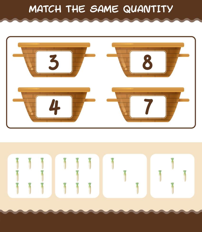 Match the same quantity of daikon. Counting game. Educational game for pre shool years kids and toddlers vector