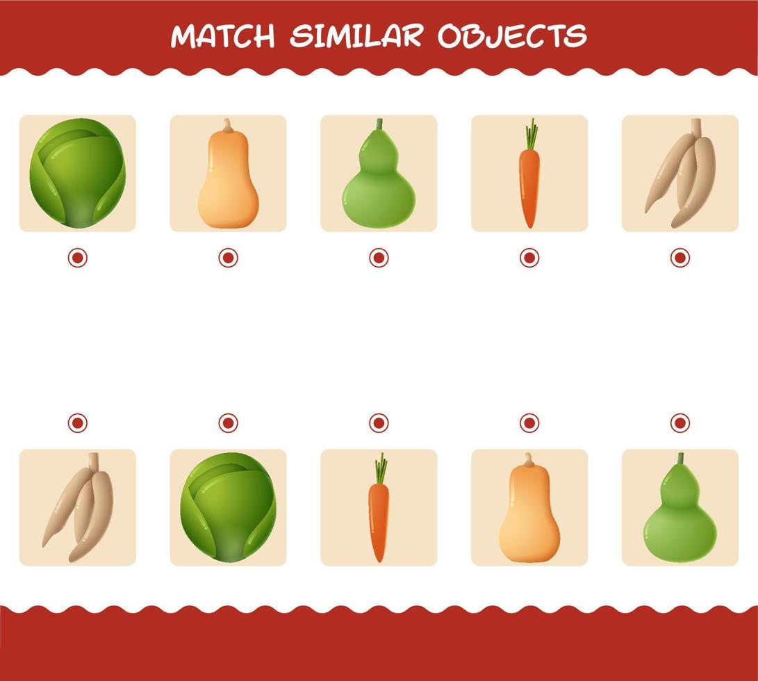 Match similar of cartoon vegetables. Matching game. Educational game for pre shool years kids and toddlers vector