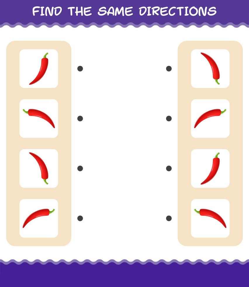 Match the same directions of red chilli. Matching game. Educational game for pre shool years kids and toddlers vector