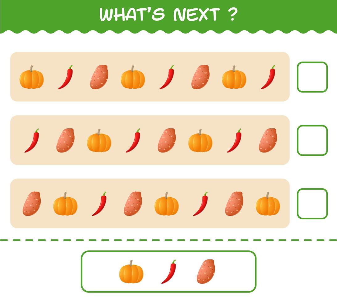 ¿Qué sigue? Juego educativo de verduras de dibujos animados. encuentre la regularidad y continúe la tarea de la fila. juego educativo para niños y niños pequeños en edad preescolar vector