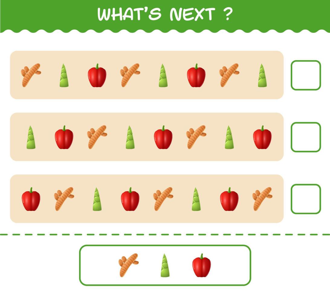 ¿Qué sigue? Juego educativo de verduras de dibujos animados. encuentre la regularidad y continúe la tarea de la fila. juego educativo para niños y niños pequeños en edad preescolar vector