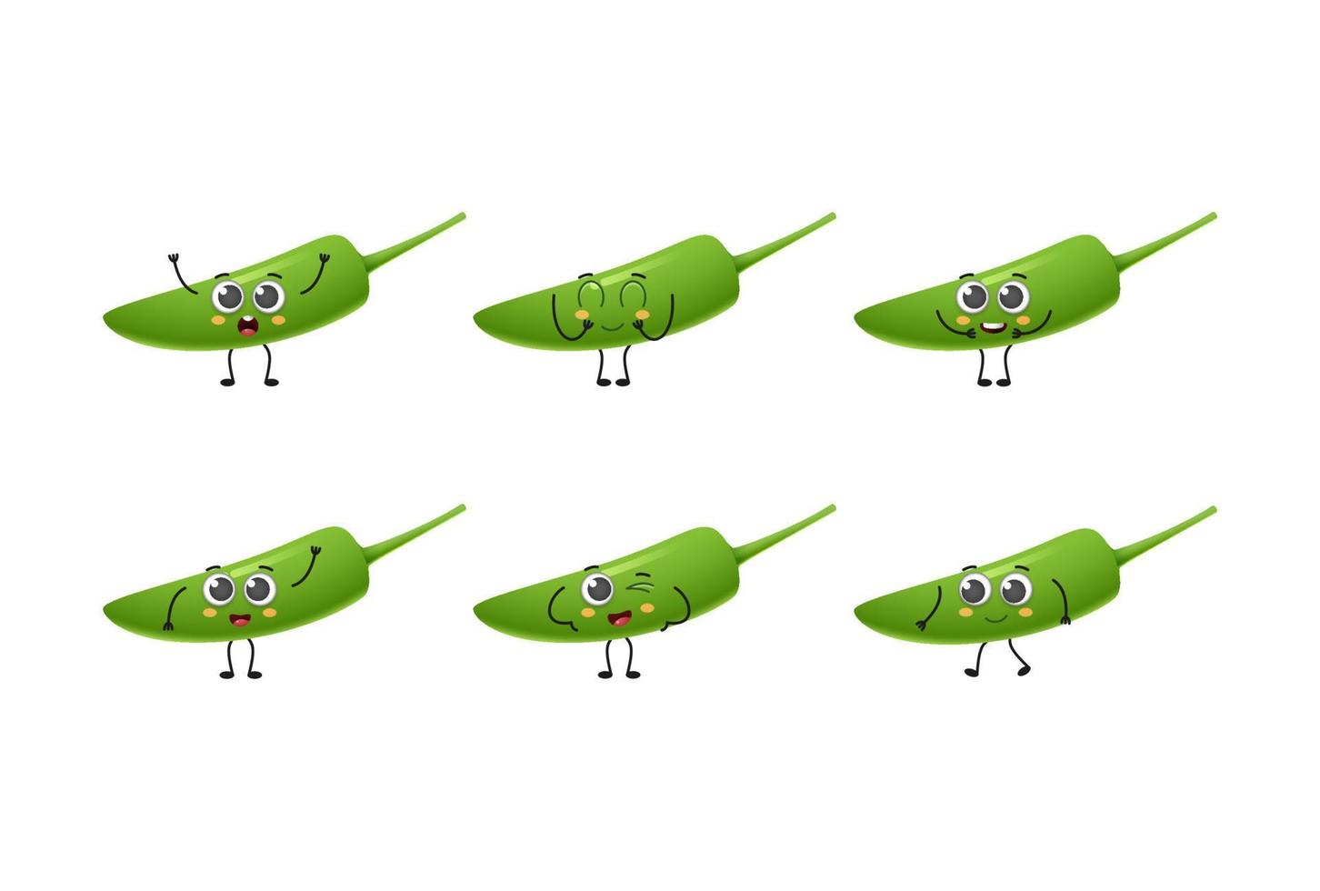 Set of cute cartoon green chilli vegetables vector character set isolated on white background