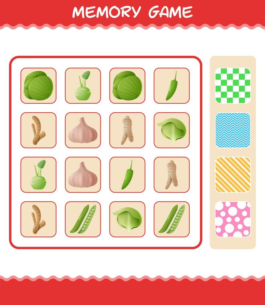 Memory games with cartoon vegetables. Learning cards game. Educational game for pre shool years kids and toddlers vector