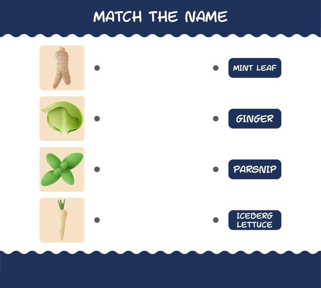 Match the name of cartoon vegetables. Matching game. Educational game for pre shool years kids and toddlers vector