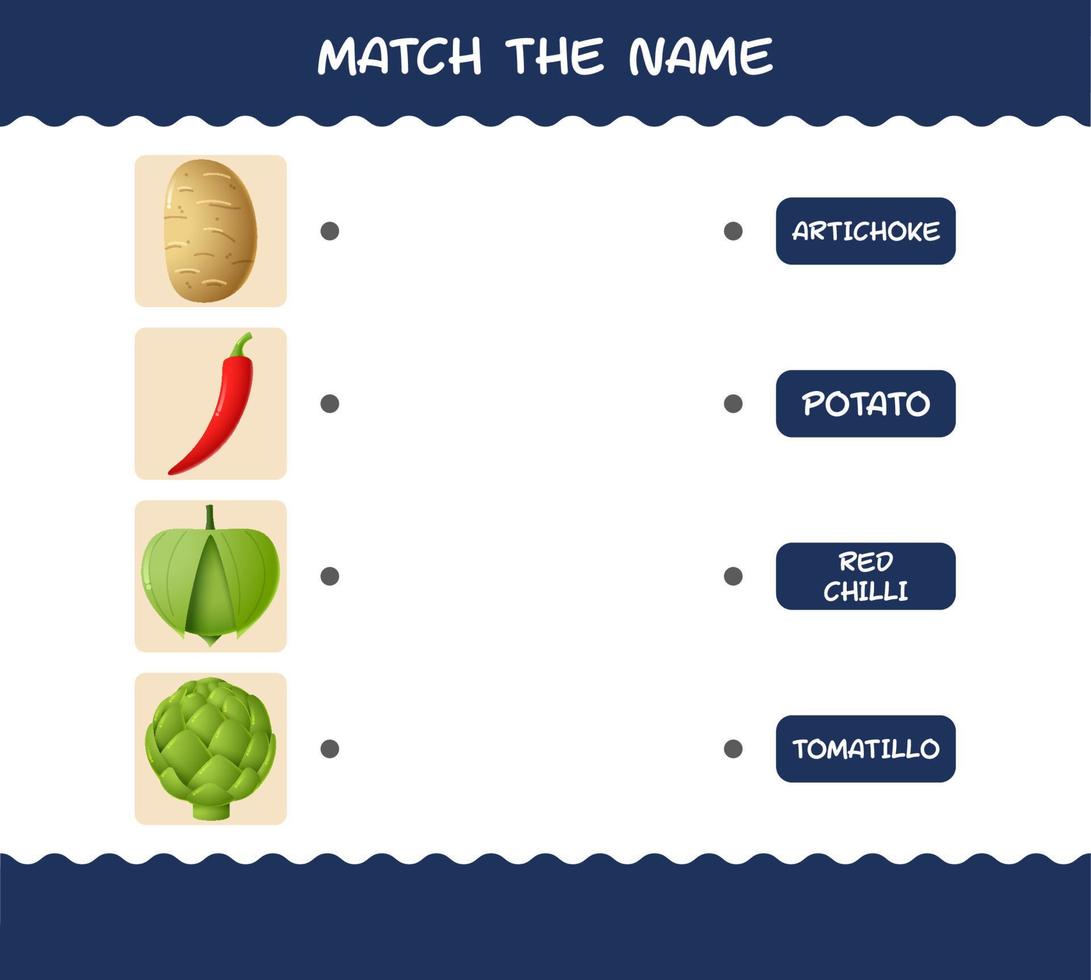 Match the name of cartoon vegetables. Matching game. Educational game for pre shool years kids and toddlers vector