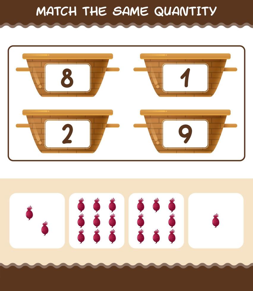 Match the same quantity of beet. Counting game. Educational game for pre shool years kids and toddlers vector