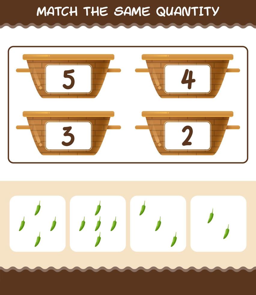 Match the same quantity of green chilli. Counting game. Educational game for pre shool years kids and toddlers vector