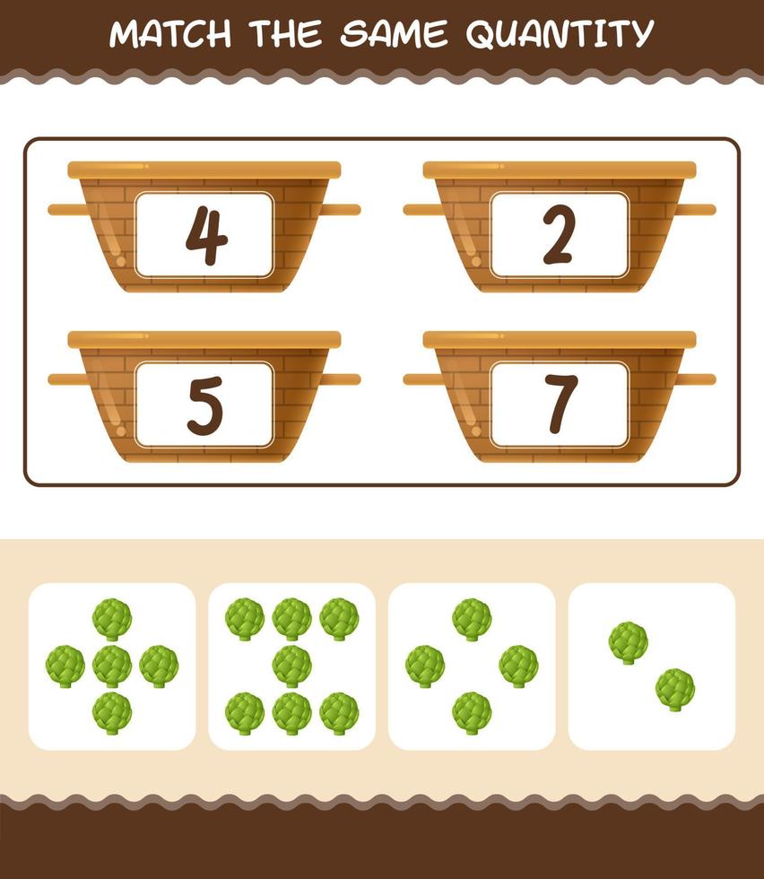 Match the same quantity of artichoke. Counting game. Educational game for pre shool years kids and toddlers vector