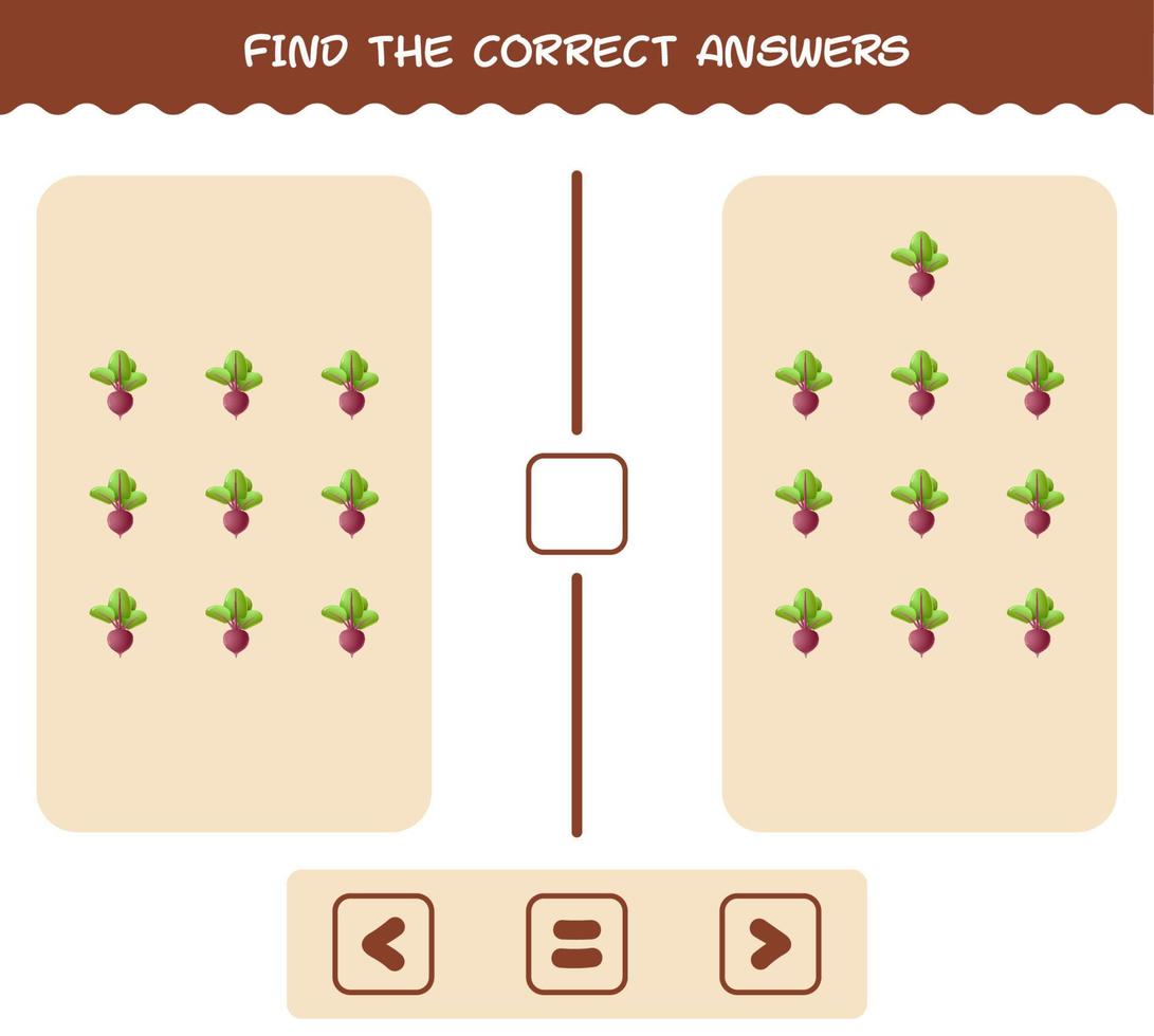 encuentra las respuestas correctas de la remolacha de dibujos animados. Juego de buscar y contar. juego educativo para niños de edad preescolar y niños pequeños vector