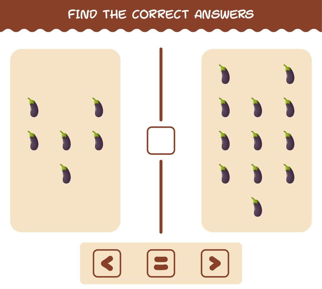 encuentra las respuestas correctas de la berenjena de dibujos animados. Juego de buscar y contar. juego educativo para niños de edad preescolar y niños pequeños vector