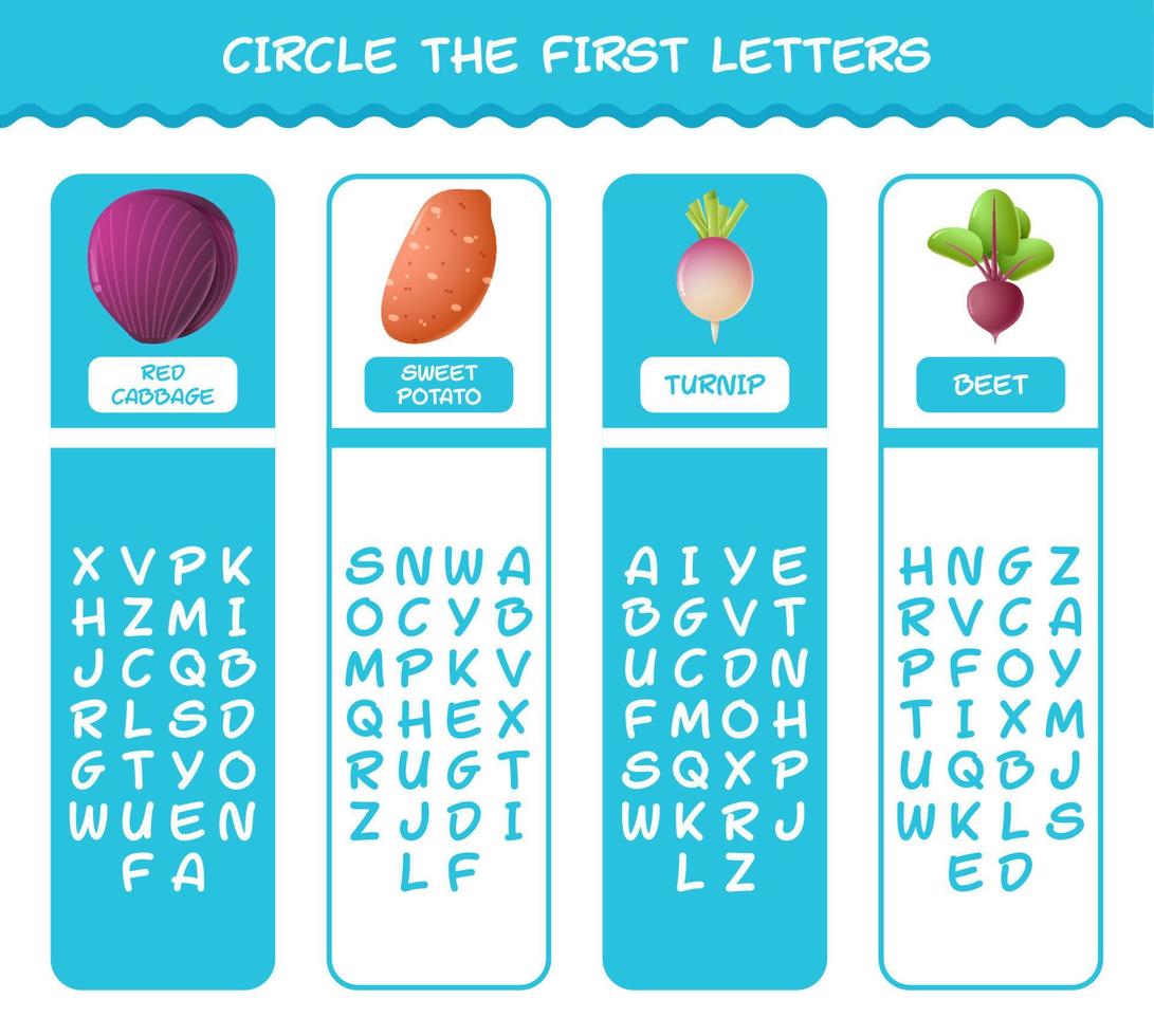 Encierra en un círculo las primeras letras de las verduras de dibujos animados. juego de correspondencias. juego educativo para niños de edad preescolar y niños pequeños vector