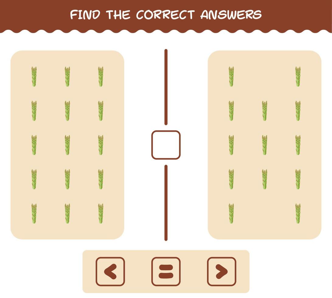 encuentra las respuestas correctas de espárragos de dibujos animados. Juego de buscar y contar. juego educativo para niños de edad preescolar y niños pequeños vector