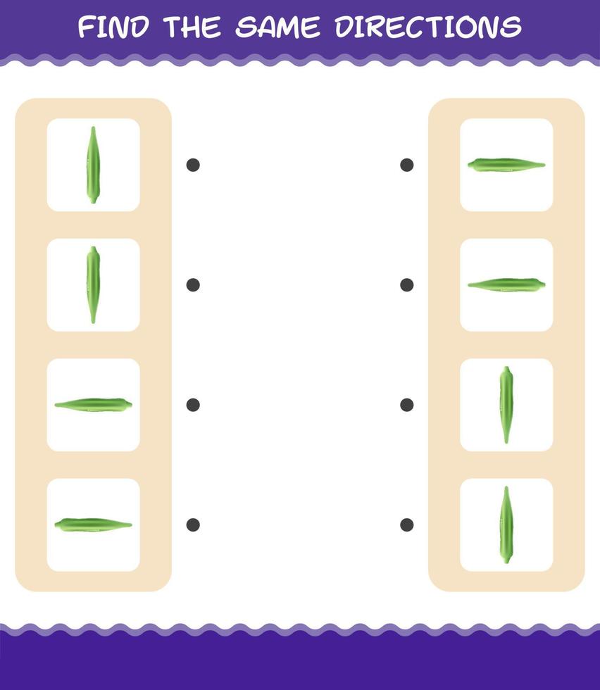 Match the same directions of okra. Matching game. Educational game for pre shool years kids and toddlers vector
