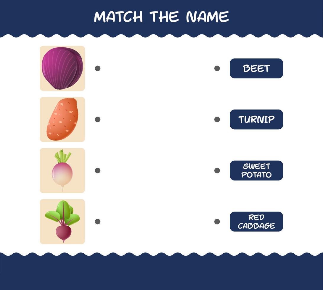 Match the name of cartoon vegetables. Matching game. Educational game for pre shool years kids and toddlers vector