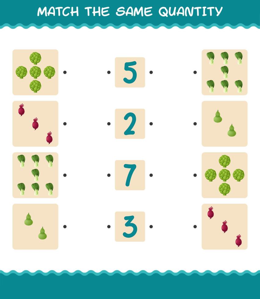 Match the same quantity of vegetables. Counting game. Educational game for pre shool years kids and toddlers vector