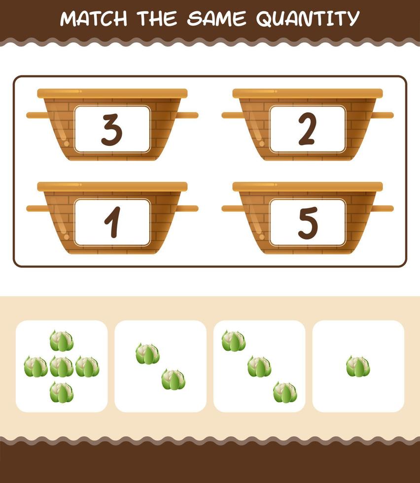 Match the same quantity of cauliflower. Counting game. Educational game for pre shool years kids and toddlers vector