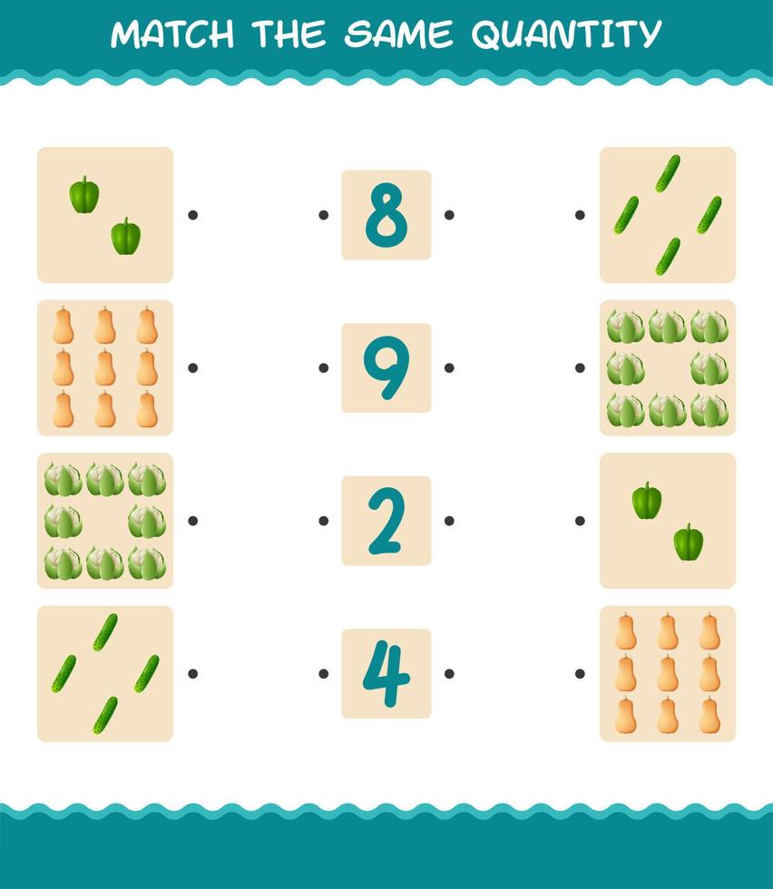 Match the same quantity of vegetables. Counting game. Educational game for pre shool years kids and toddlers vector