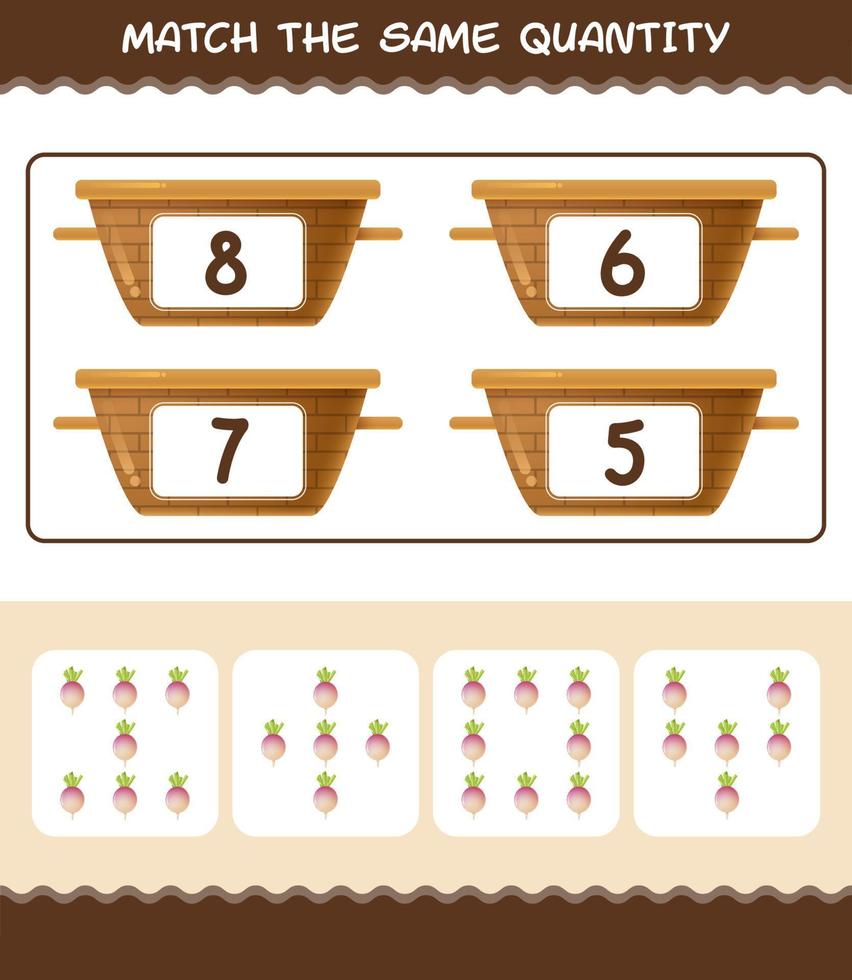 Match the same quantity of turnip. Counting game. Educational game for pre shool years kids and toddlers vector