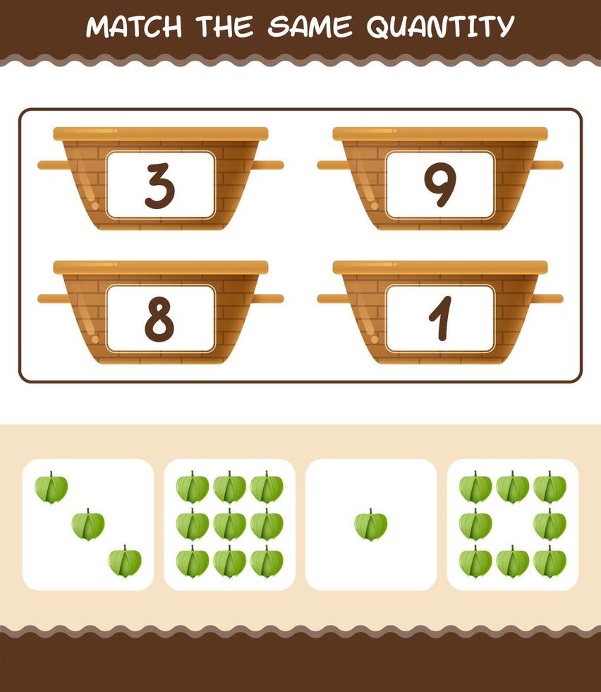 Match the same quantity of tomatillo. Counting game. Educational game for pre shool years kids and toddlers vector