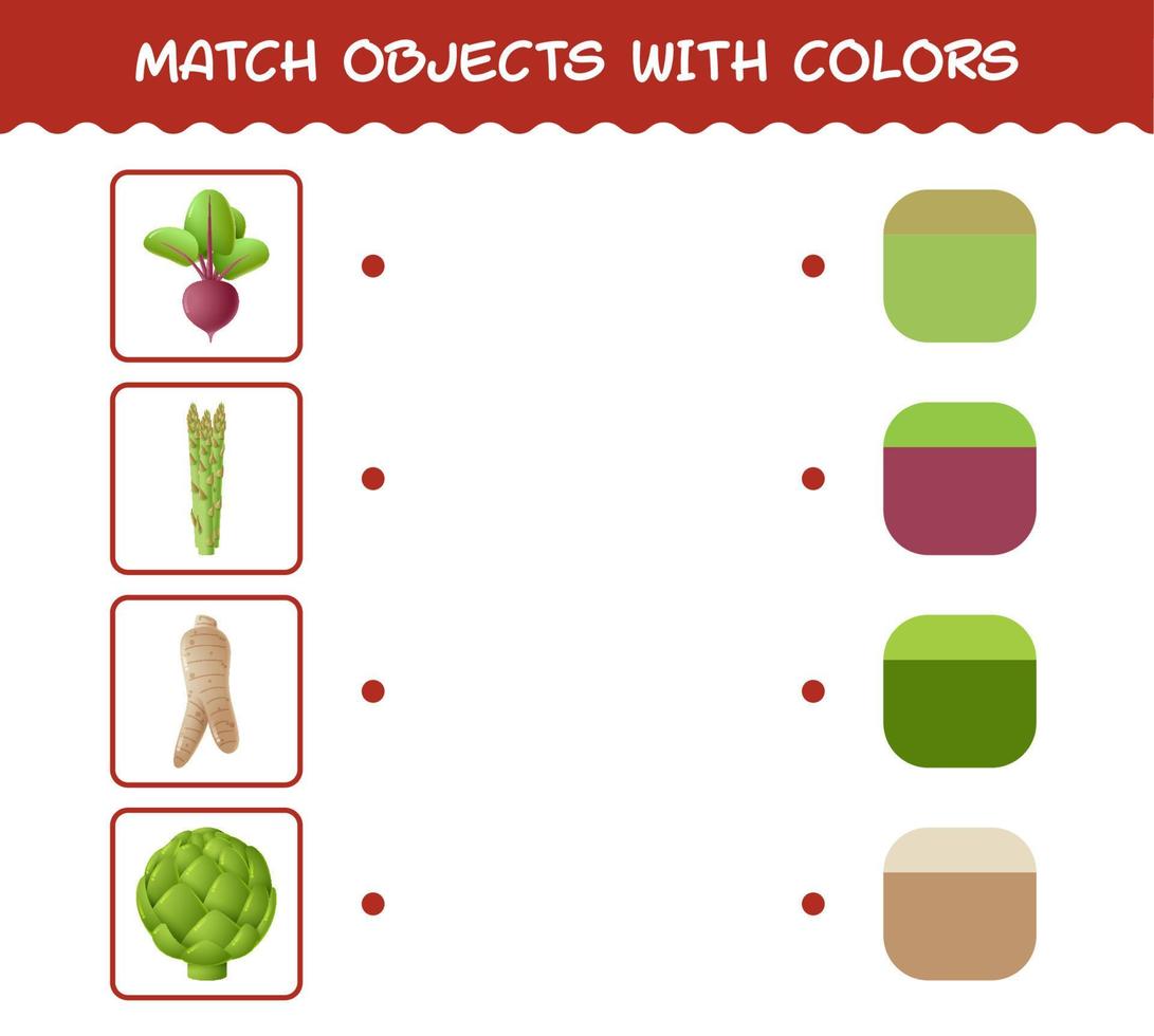 Match cartoon vegetables and colors. Matching game. Educational game for pre shool years kids and toddlers vector