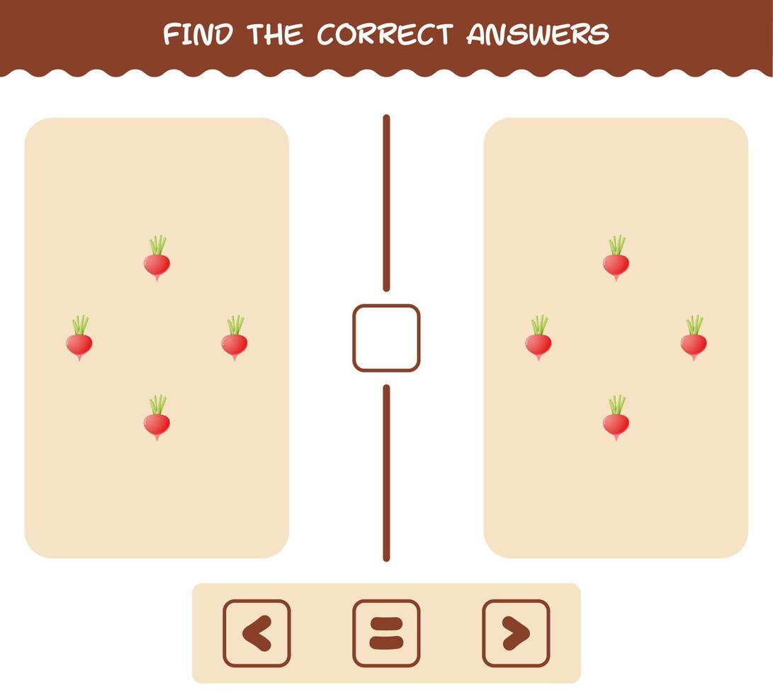 encuentra las respuestas correctas del rábano de dibujos animados. Juego de buscar y contar. juego educativo para niños y niños pequeños en edad preescolar vector