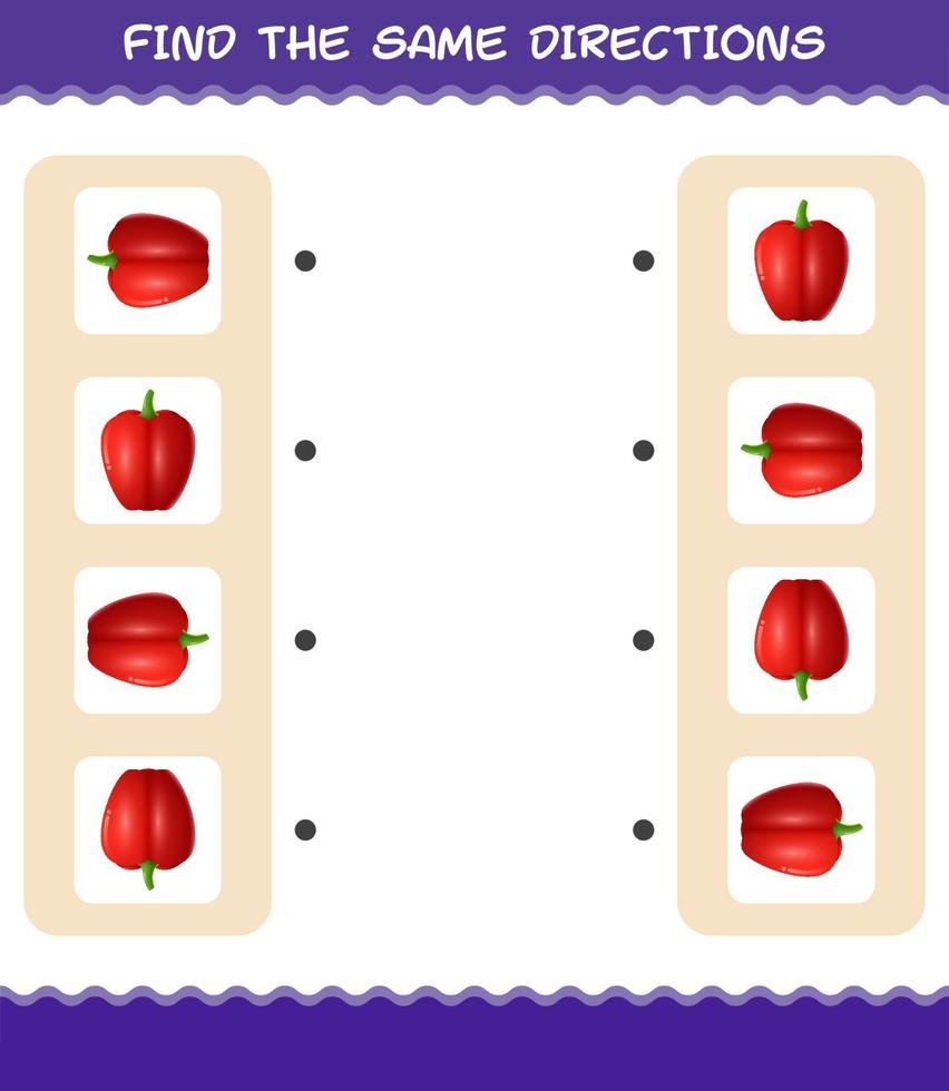 Match the same directions of bell pepper. Matching game. Educational game for pre shool years kids and toddlers vector